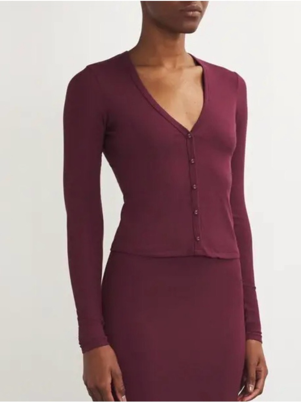 SKIMS Long Sleeve Ribbed Button-Front Top in Deep Burgundy